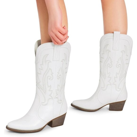 Brand New  Women's White  Leather Chunky Heel Embroidery Stitched Western Boots - Picture 5 of 7
